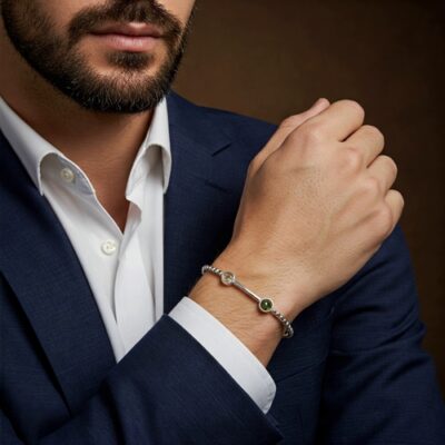 دستبند نقره وارداتی مردانه RO911 دستبند نقره مردانه با سنگ