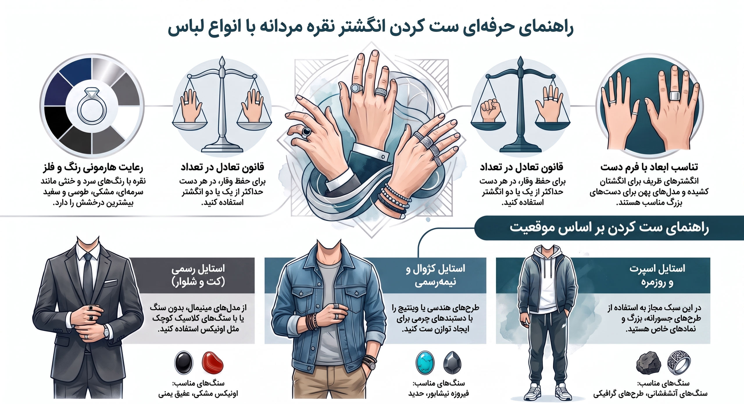 روش ست کردن انگشتر نقره مردانه با انواع لباس ها