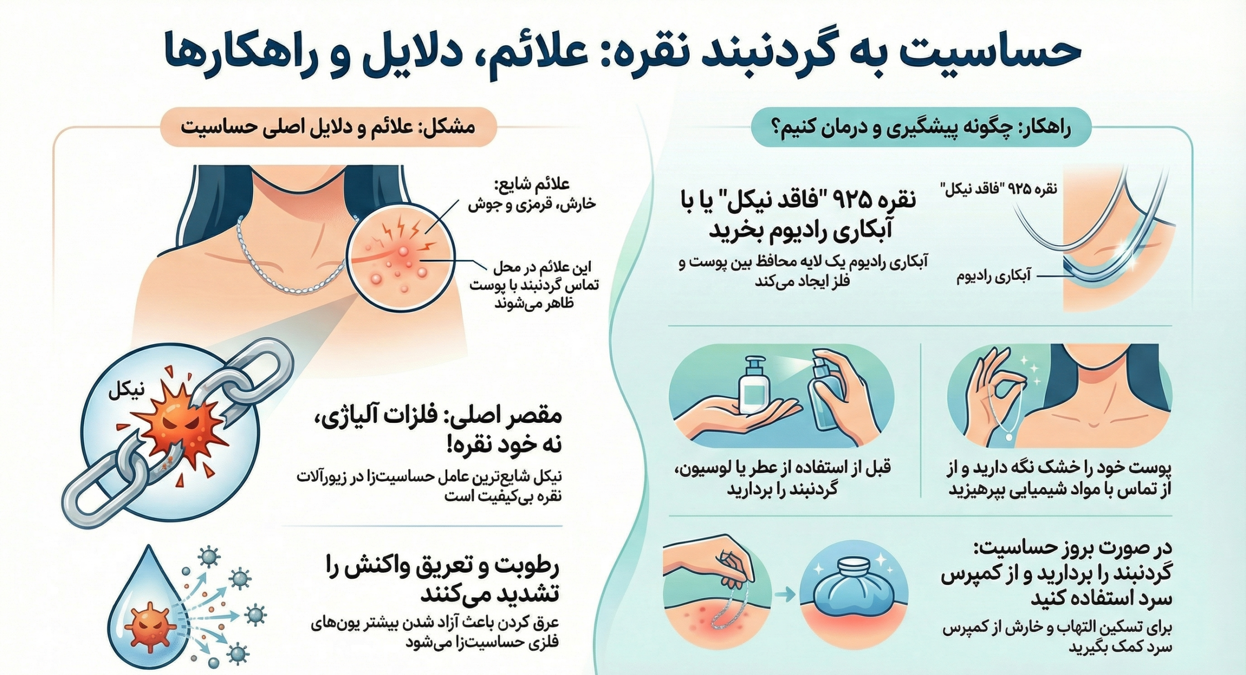 حساسیت به گردنبند نقره | علائم، دلایل، پیشگیری و درمان کامل حساسیت به گردنبند نقره