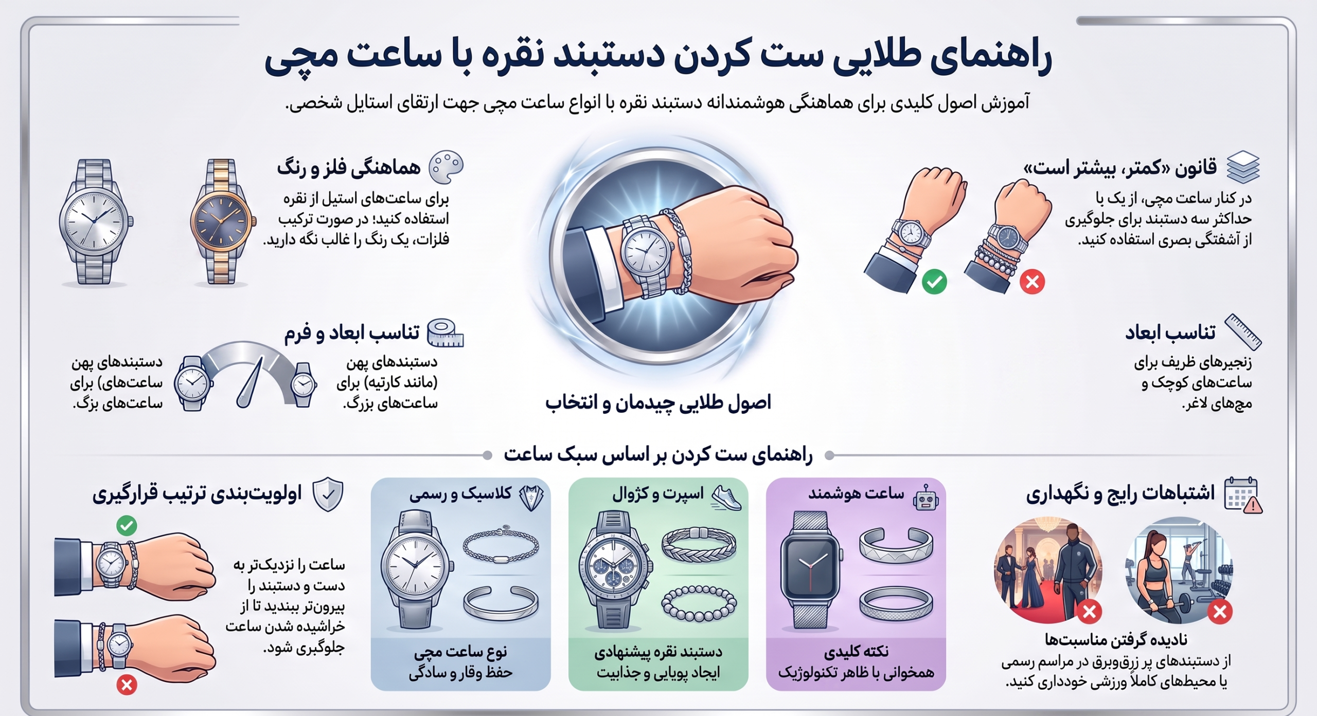 اصول ست کردن دستبند نقره با ساعت مچی | راهنمای کامل هماهنگی فلز، سبک و اندازه اصول ست کردن دستبند نقره با ساعت مچی | راهنمای کامل هماهنگی فلز، سبک و اندازه