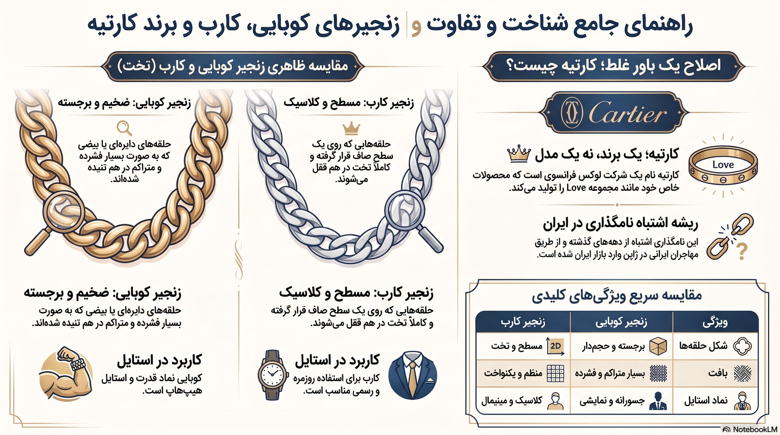 تفاوت زنجیر کوبایی و کارتیه | راهنمای کامل شناخت سبک‌ها و برند
