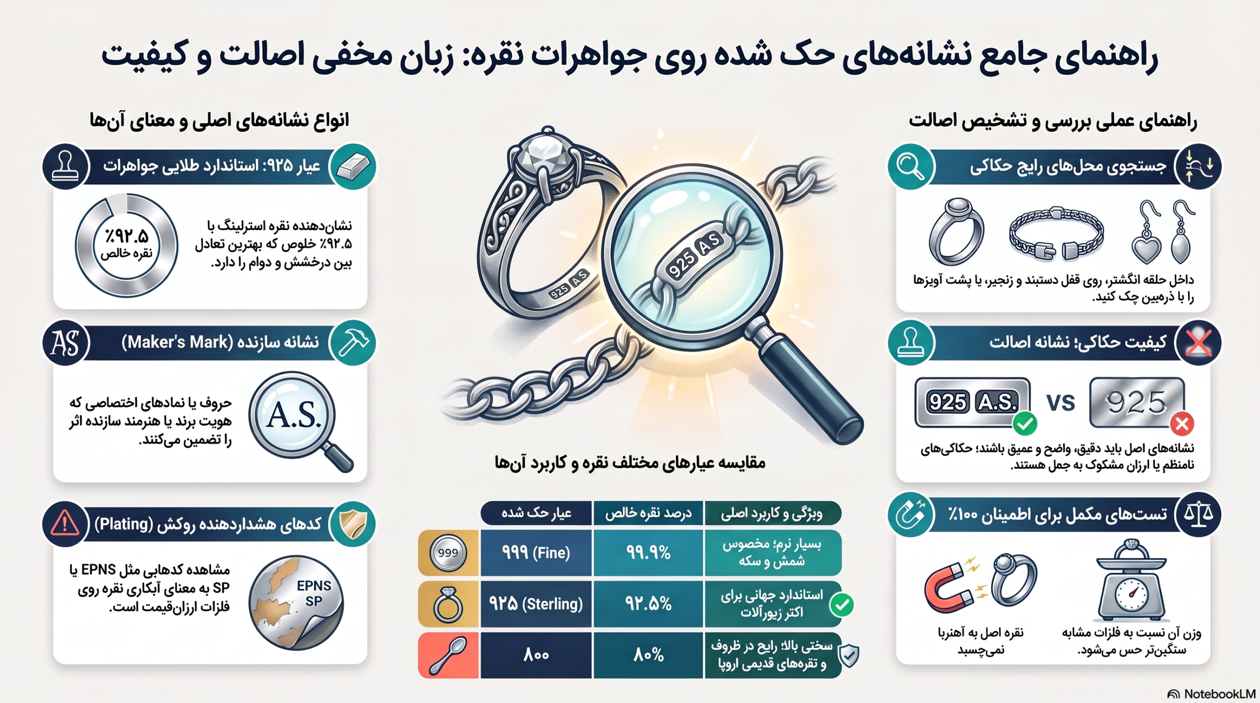 معنای نشانه‌های حک شده روی جواهرات نقره | راهنمای کامل انگ، عیار و علائم اصالت