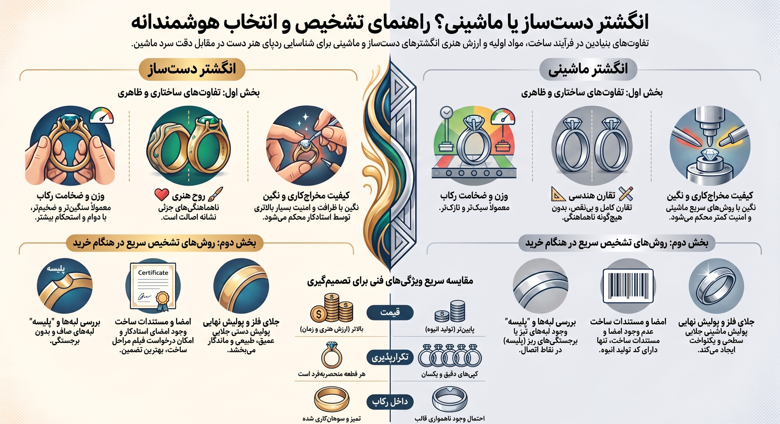 راهنمای تشخیص انگشتر دست ساز یا ماشینی