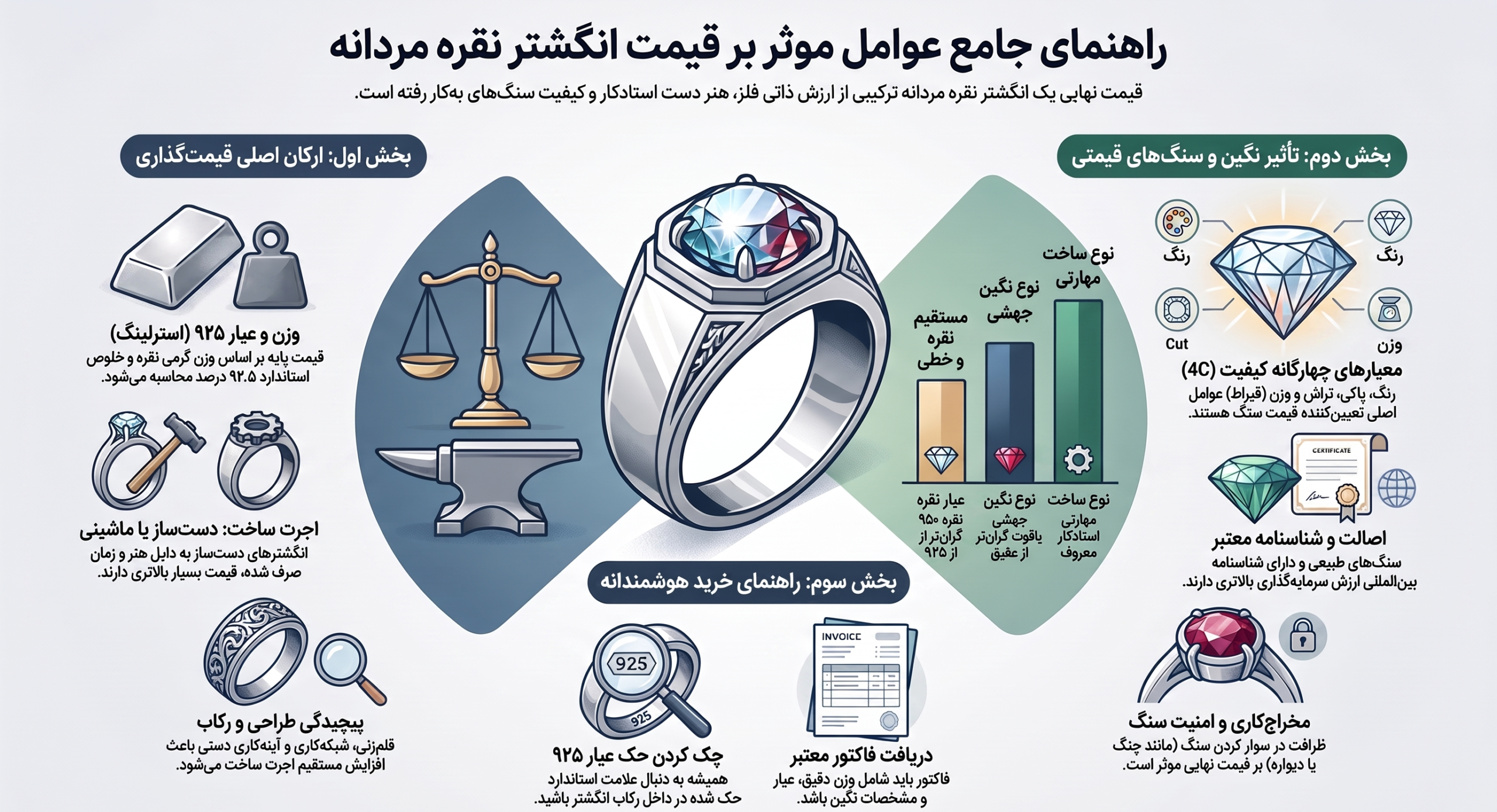 عوامل موثر بر قیمت انگشتر نقره مردانه | راهنمای کامل قیمتگذاری راهنمای قیمت انگشتر نقره مردانه