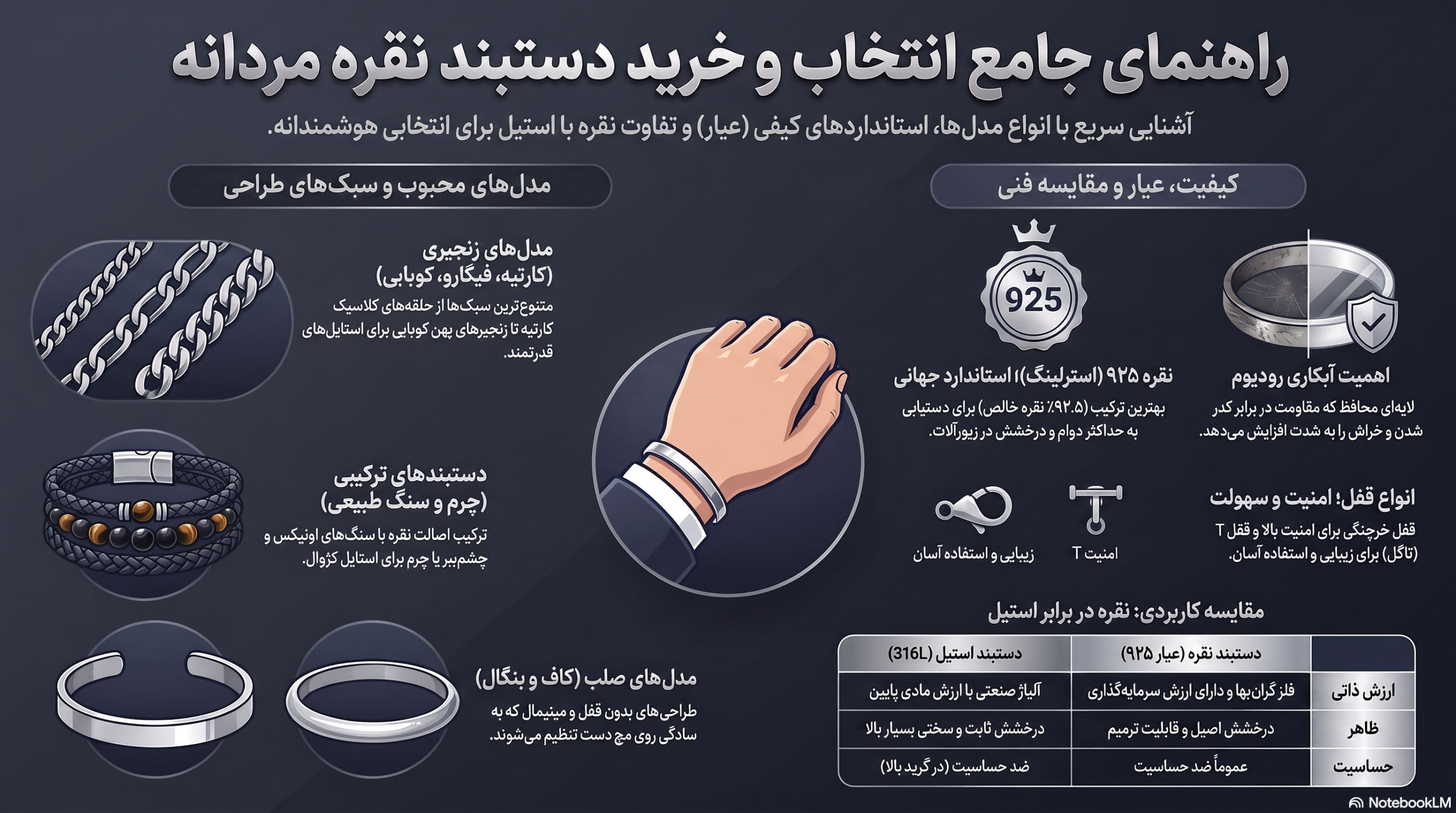 انواع دستبند نقره مردانه +مزایا و معایب و تفاوت های هر کدام